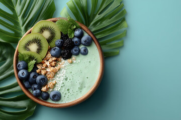 top view of a healthy green smoothie bowl with blueberries kiwi blackberries granola and coconut flakes served on a tropical leaf background with vibrant fresh ingredients and minimal design