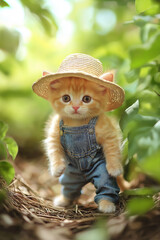 AI generator image of kitten wearing a denim outfit, kitten cat wearing a denim overalls shirt