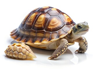 Obraz premium A baby tortoise and its eggshell are isolated on white background
