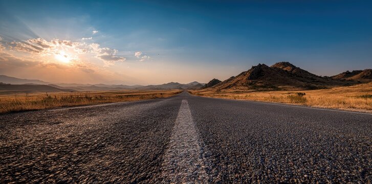 Empty asphalt road stretches into a golden sunset landscape