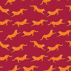 Seamless pattern with cute fox baby on color background. Funny forest animals. Card, postcards for kids. Flat vector illustration for fabric, textile, wallpaper, poster, paper.