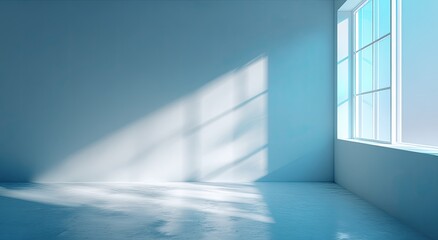 Empty room with a window. Sunlight casts shadows on the pale blue walls and floor