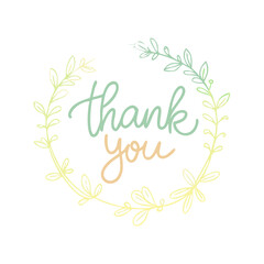 A delicate illustration with the phrase Thank You surrounded by a circular wreath of leaves