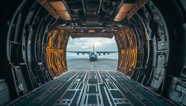 AI generator image of A view from inside the open cabin of a transport plane, showing another plane in close range. View from the cargo bay of a military aircraft, showcasing the empty interior 