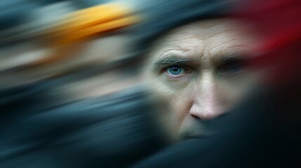 A close-up of a man's intense blue eye and face partially obscured by blurred motion.