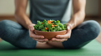 AI generator image of Fresh vegetable bowl made of wood, natural product, concept of reducing plastic use to reduce microplastics, Fresh green vegetable in bowl on wooden table. vegetable in vitamins 
