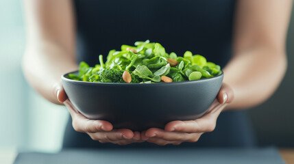 AI generator image of Fresh vegetable bowl made of wood, natural product, concept of reducing plastic use to reduce microplastics, Fresh green vegetable in bowl on wooden table. vegetable in vitamins 