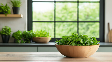 AI generator image of Fresh vegetable bowl made of wood, natural product, concept of reducing plastic use to reduce microplastics, Fresh green vegetable in bowl on wooden table. vegetable in vitamins 