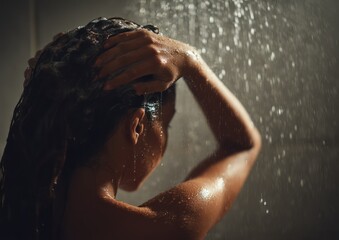 Woman washing hair with water drops and shampoo in a bathroom during a relaxing shower