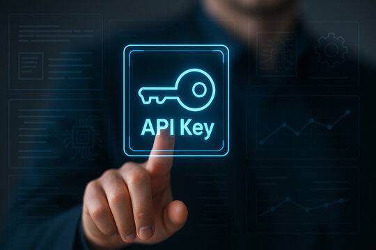 Secure API key access concept with digital fingerprint and user interface elements in futuristic data authorization authentication technology background