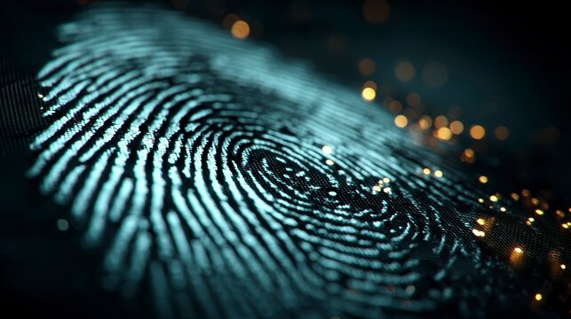 A glowing digital fingerprint with bright blue lines and bokeh light effects, symbolizing biometric security and identity verification.