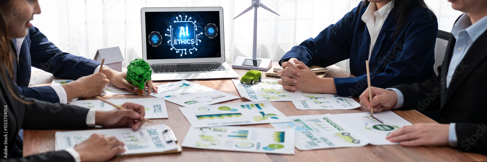 Poster ai ethics responsibility standard law and rules on computer screen provide report of ai ethic transp