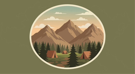 Fototapeta premium Flat mountain landscape illustration – scenic view with pine trees and pastel tones.