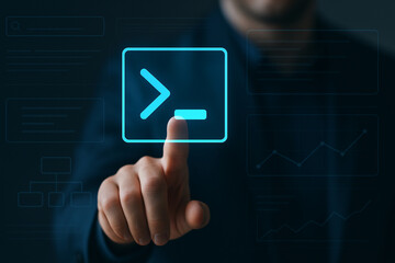 Futuristic glowing terminal window interface with touch interaction and holographic digital elements for coding, technology, programming, and cybersecurity UI design
