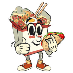 cute chinese noodles box mascot cartoon vector carrying a taco while giving a thumbs up, kawaii ramen takeout character with chopsticks, isolated food illustration asian cuisine, work of hand drawn