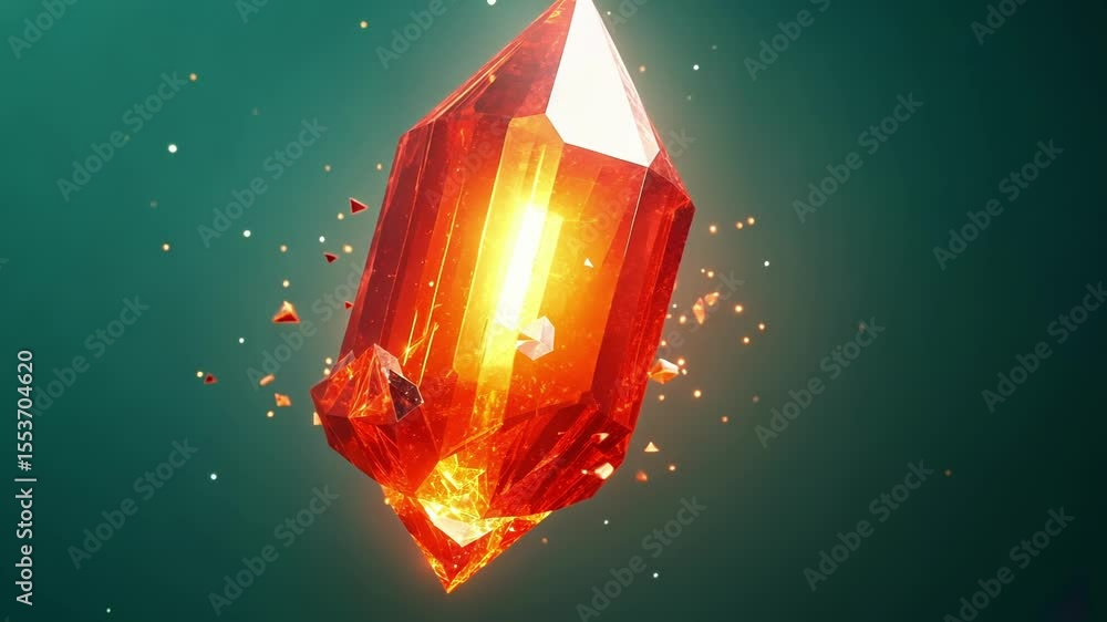Poster luminescent red crystal rotating smoothly, emitting inner radiance while fragmenting into small glow