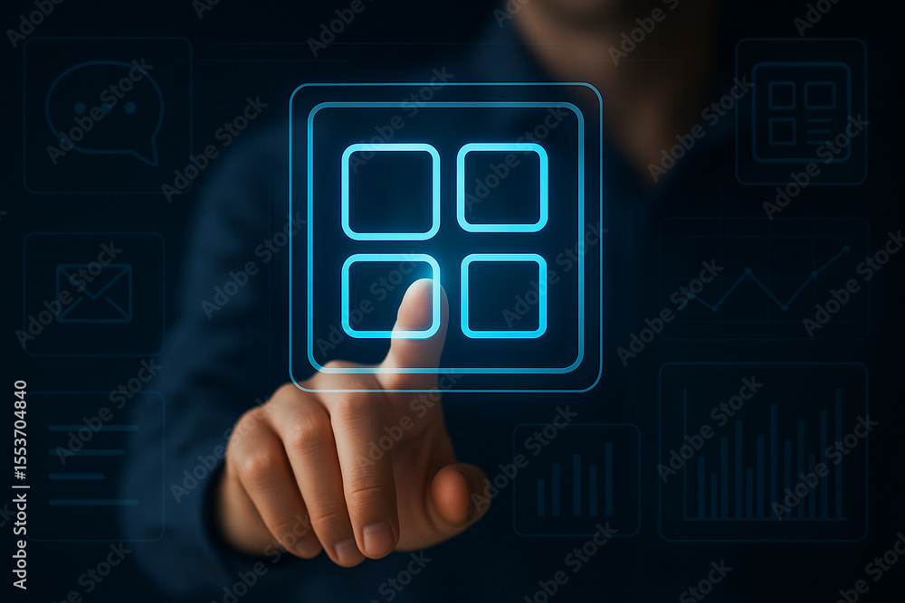 Poster futuristic dashboard ui interface with hand touching glowing icon on digital screen for technology, 