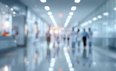 Blurred view of a hospital hallway.  People in motion