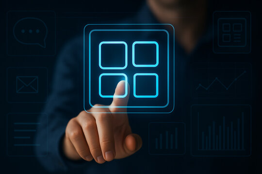 Futuristic Dashboard UI Interface with Hand Touching Glowing Icon on Digital Screen for Technology, Business, and Software Applications