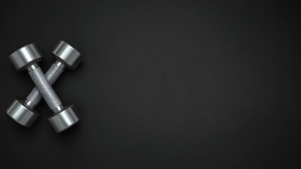 Top View of Gym Dumbbells on Matte Black Background in Symmetrical Minimalist Layout