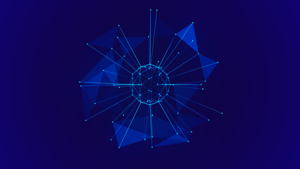 Polygonal colorful wireframe background with creative spherical object made of lines and dots. 3D rendering