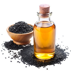 Glass bottle of golden black cumin oil next to wooden bowl of seeds isolated on a transparent background
