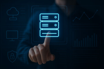 Futuristic Server Stack Interface with Finger Touch Interaction and Holographic Digital Data Icons for Technology and Cybersecurity Concepts