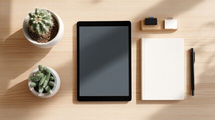 Fototapeta premium Elegantly arranged workspace features a tablet, a notebook, and a small cactus on a light wood surface, creating a serene and tidy atmosphere for productivity.