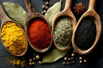 top view of wooden spoons filled with colorful spices including turmeric paprika oregano and black powder on dark rustic background with bay leaves peppercorns and star anise for cooking themes