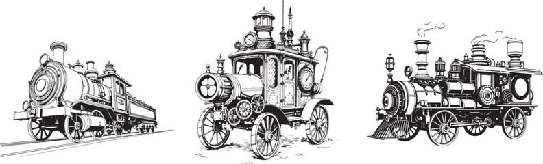 Fototapeta premium A set of steampunk-style vehicles. Hand drawn vector illustration