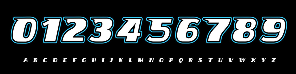 Font Logo Numbers Numeric Alphabet Typography Design Vector Type Typeface. Slanted varsity digits with retro outline, bold energy for sports jerseys, teamwear, racing numbers, dynamic game visuals