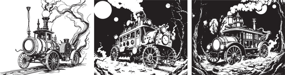 A set of steampunk-style vehicles. Hand drawn vector illustration