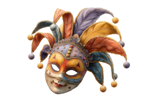 PNG Colorful venetian jester mask with feathers and bells