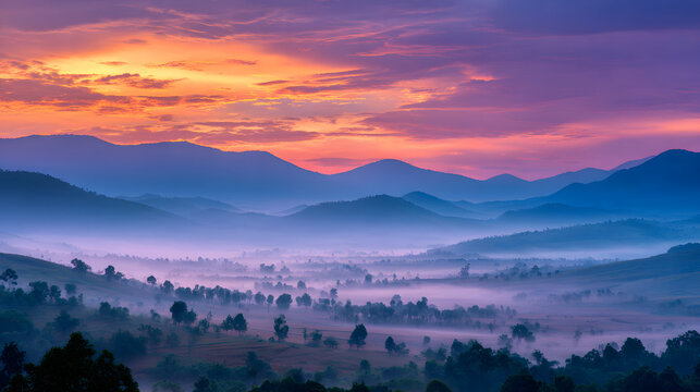 Colorful sunrise over misty mountains and valleys in tranquil landscape - Powered by Adobe