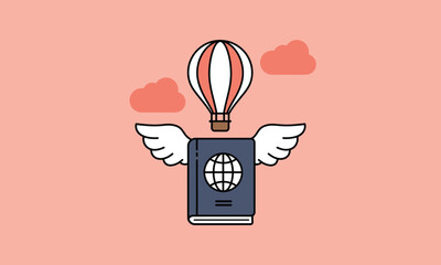 Passport with wings and hot air balloon: Embark on an adventure.A passport, depicted as a book with wings, soars through the sky, propelled by a hot air balloon.