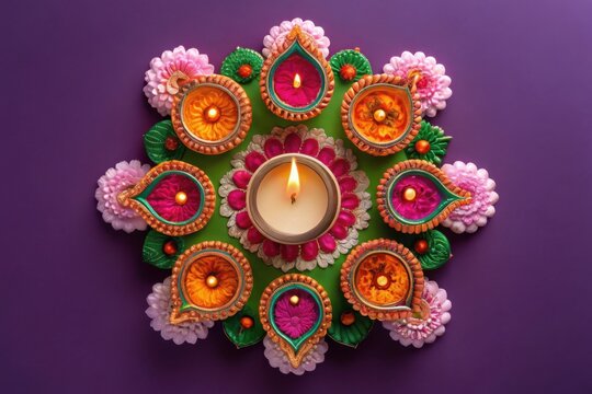 Vibrant diwali diya arrangement with flowers and a central candle on purple background