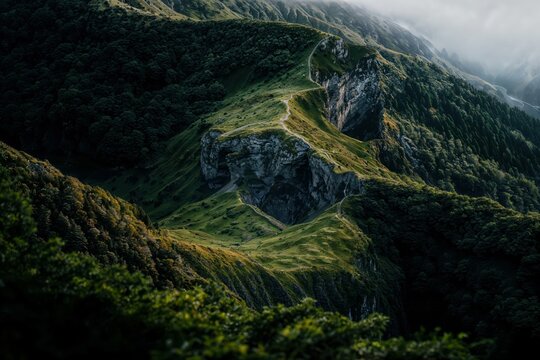 mountain landscape with trees and clouds