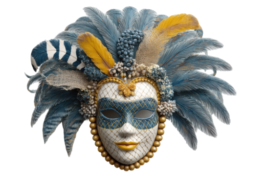 PNG Intricate venetian mask with blue feathers and golden accents
