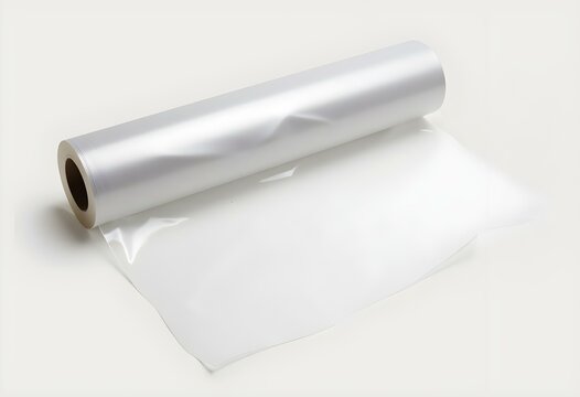 Roll of Clear Plastic Wrap on White Background &ndash; Packaging and Household Utility Concept

