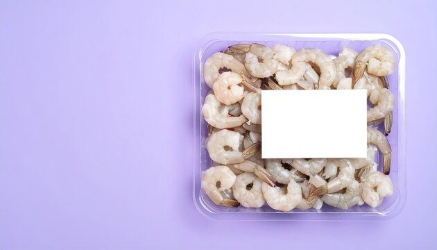 Raw Peeled Deveined Shrimp in Plastic Tray with Blank Label on Purple Background