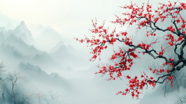 Misty mountainscape with a blossoming cherry tree.