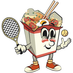 cute chinese noodles box mascot cartoon vector playing tennis, kawaii ramen takeout character with chopsticks, isolated food illustration asian cuisine design, work of hand drawn