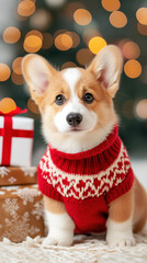 Corgi Puppy in Festive Sweater Sits Beside Stacked Christmas Gifts With Twinkling Lights in Soft Studio Lighting