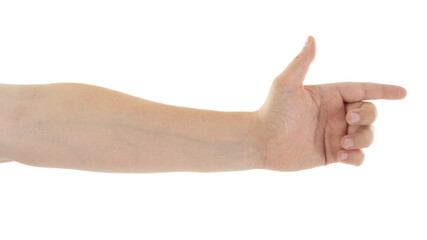 Hand gesturing with finger pointed in a dynamic pose, showcasing movement and intention in a blank...