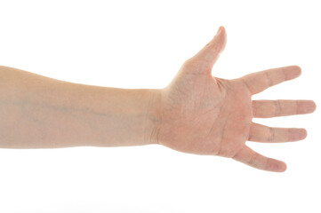 Hand reaching out against a white background showcasing open fingers and palm in vivid detail