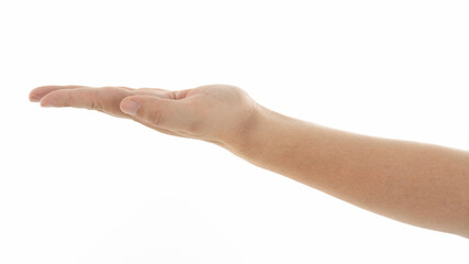 Hand extended with palm facing up against a bright white background