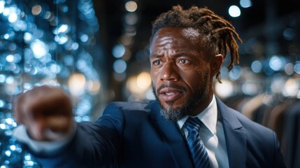 A distinguished businessman making a compelling point while engaged in a discussion, showcasing confidence and determination in a stylish business environment.