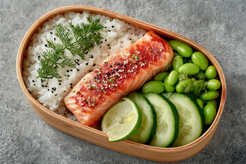 top view of a healthy japanese bento box with grilled salmon white rice edamame cucumber slices lime and fresh dill served in a wooden container on gray background for clean eating concept