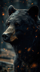 California Black Bear Portrait With Glowing Embers in a Minimalistic Wildfire Forest Setting