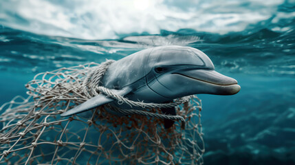 Dolphin Entangled in Netting Swims Through Pristine Ocean Waters in a Photorealistic Depiction of Marine Life